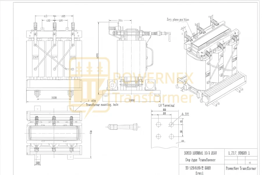 1000 kVA three phase medium voltage dry type transformer with technical drawings, 13.8 kV to 480Y/277 V, CE UL certified – PowerNex
