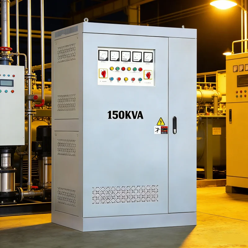 150 kVA industrial three phase voltage stabilizer with integrated transformer, AVR voltage regulator solution manufactured by a leading China factory and global wholesale supplier for worldwide power applications, PowerNex