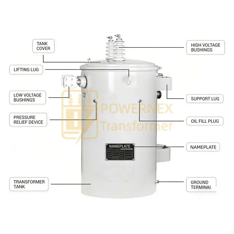 150 kVA pole mounted distribution transformer single phase oil-filled, 13.2kV–34.5kV primary, ANSI IEC utility overhead transformer manufactured by PowerNex