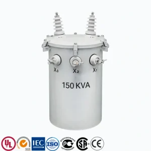 150 kVA pole mounted distribution transformer single phase oil-filled, 13.2kV–13.8kV to 240/120V, ANSI IEC utility overhead transformer manufactured by PowerNex