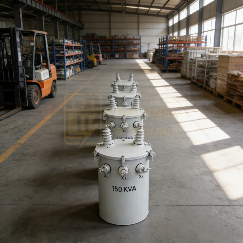 150 kVA pole mounted distribution transformer single phase oil-filled, up to 34.5kV primary, ANSI IEC certified utility overhead transformer manufactured by PowerNex