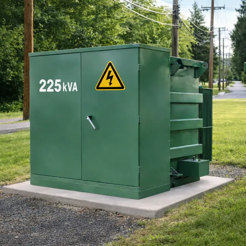 225 kVA three-phase pad mounted distribution transformer, 13.8 kV primary / 480 V secondary, utility-grade outdoor electric transformer, high-efficiency power distribution, PowerNex
