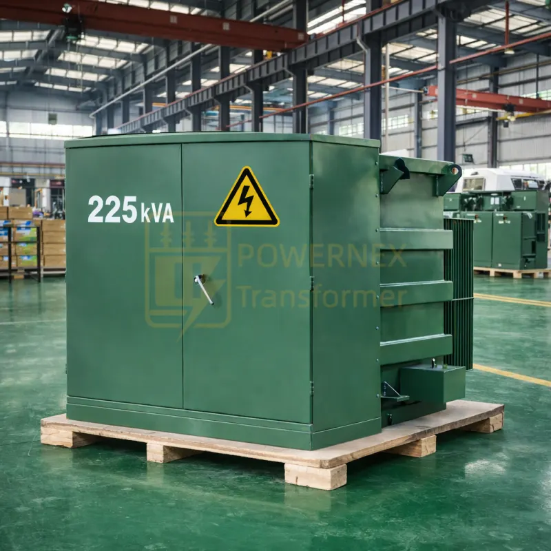 225 kVA three-phase pad mount power transformer, 13.8 kV primary / 480 V secondary, outdoor-rated utility and industrial electric distribution transformer, high-efficiency pad-mounted transformer, PowerNex