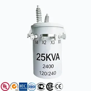 25 kVA single-phase electric utility pole transformer with 12.47 kV primary and 120-240 V secondary for overhead distribution, pole mounted distribution transformer for utility power systems, PowerNex
