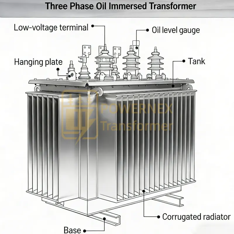High-efficiency 300 kVA three phase oil-immersed medium voltage distribution transformer for substation, commercial, and utility applications. Supports 11kV–20 kV primary voltages with 400Y/230V secondary output. Global OEM, customizable, and factory-direct transformer supplied by PowerNex.