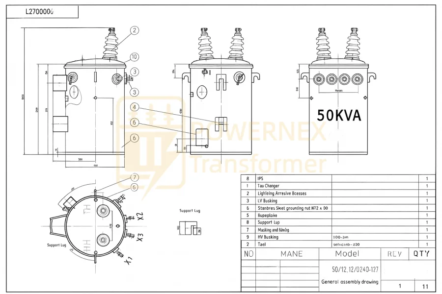 50 kVA overhead pole mounted single phase distribution transformer with 12.47kV / 13.2kV primary and 120/240V secondary, delta connected utility transformer for overhead power distribution, manufactured by China leading factory for global markets PowerNex