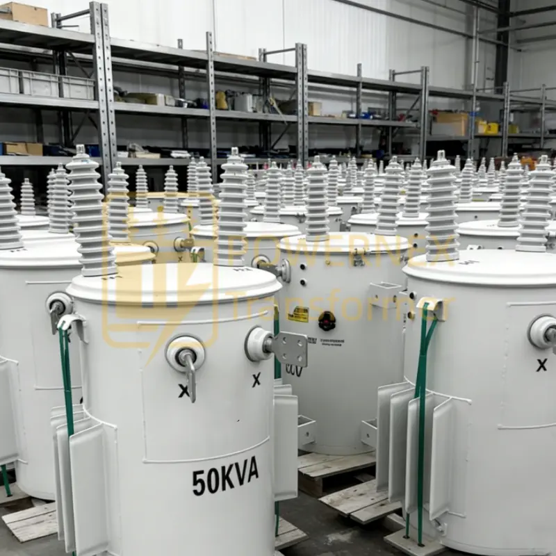 50 kVA single phase pole mounted distribution transformer with 13.2 kV or 12.47 kV primary and 120/240 V secondary, delta connected overhead utility pole top transformer for rural and residential power distribution, manufactured by China leading factory for global markets PowerNex
