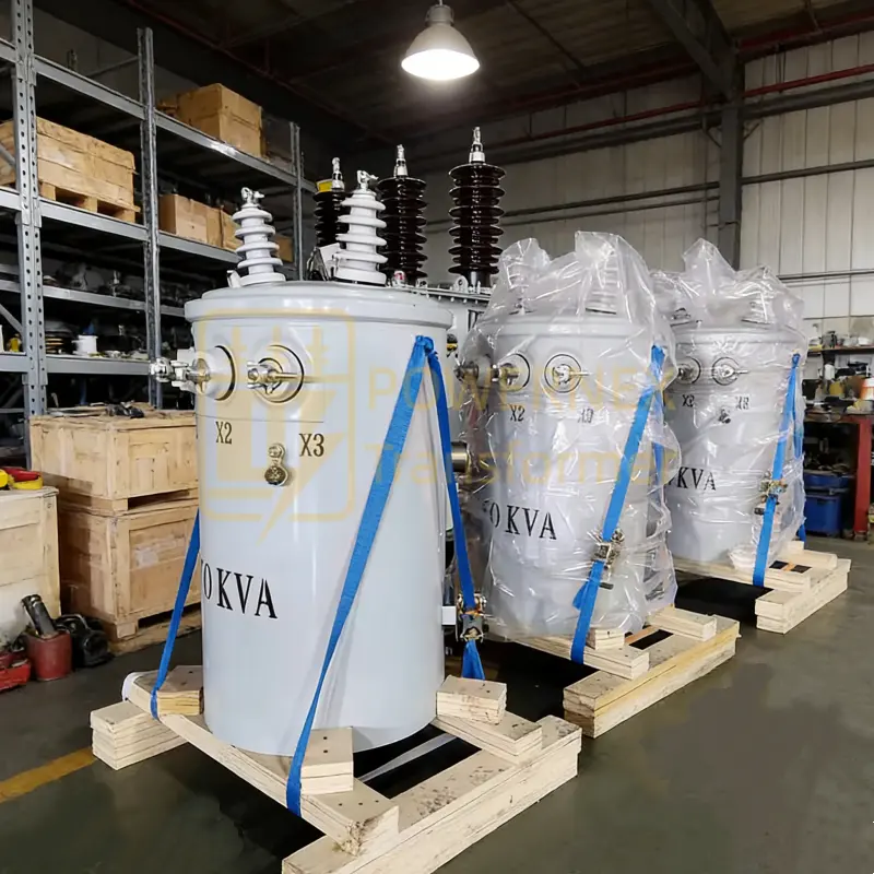 50 kVA single phase pole mounted transformer for overhead power distribution, utility pole top transformer for rural and residential electrical networks, manufactured by China leading factory for global markets PowerNex