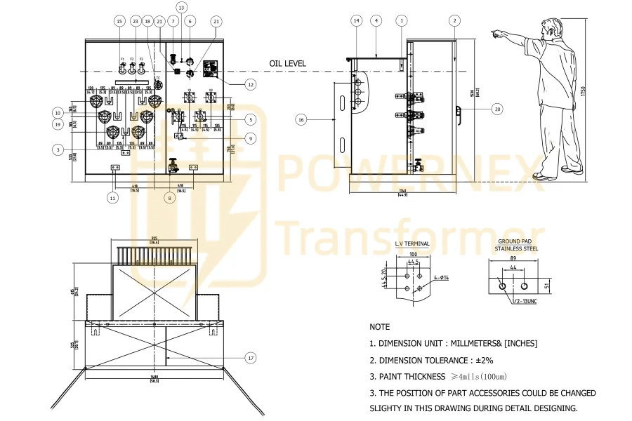 500 kVA three phase pad mounted distribution transformer with technical drawings, 13.8 kV primary and 208Y/120 V or 480Y/277 V secondary, ANSI utility-grade power transformer for global utility applications, manufactured by PowerNex500 kVA three phase pad mounted distribution transformer with technical drawings, 13.8 kV primary and 208Y/120 V or 480Y/277 V secondary, ANSI utility-grade power transformer for global utility applications, manufactured by PowerNex500 kVA three phase pad mounted distribution transformer with technical drawings, 13.8 kV primary and 208Y/120 V or 480Y/277 V secondary, ANSI utility-grade power transformer for global utility applications, manufactured by PowerNex