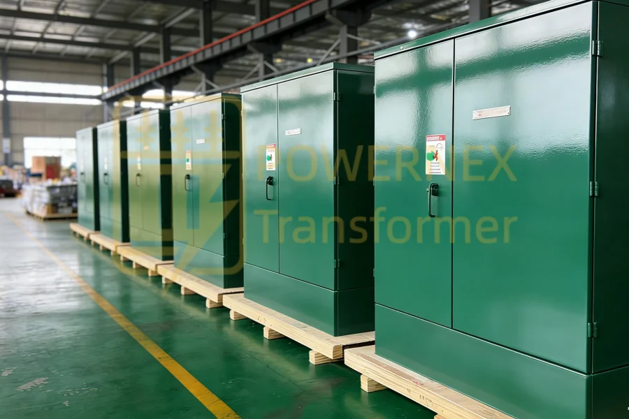 500 kVA three phase pad mounted distribution transformer, medium voltage 13.2 kV 12.47 kV to 480Y/277 V secondary, ANSI standard utility-grade power transformer for global markets, manufactured by PowerNex