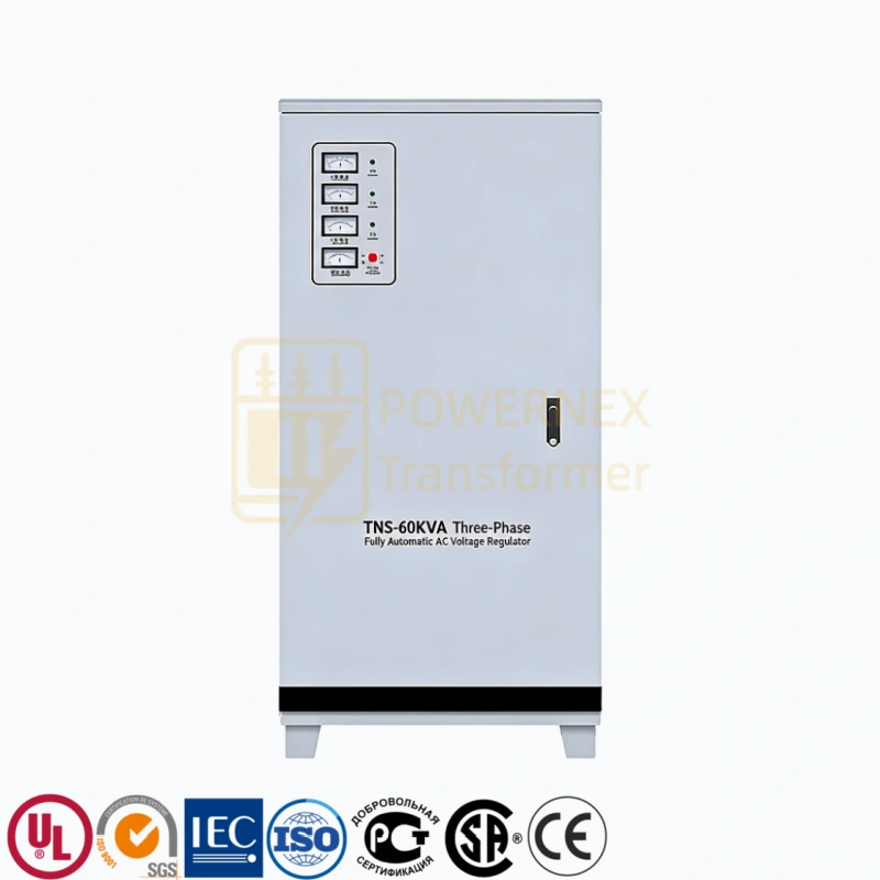 60 kVA three phase automatic voltage regulator AVR for industrial and commercial power, three phase voltage stabilizer from China leading manufacturer factory with global sales to USA, Canada, Brazil, Australia, Middle East and Europe – PowerNex