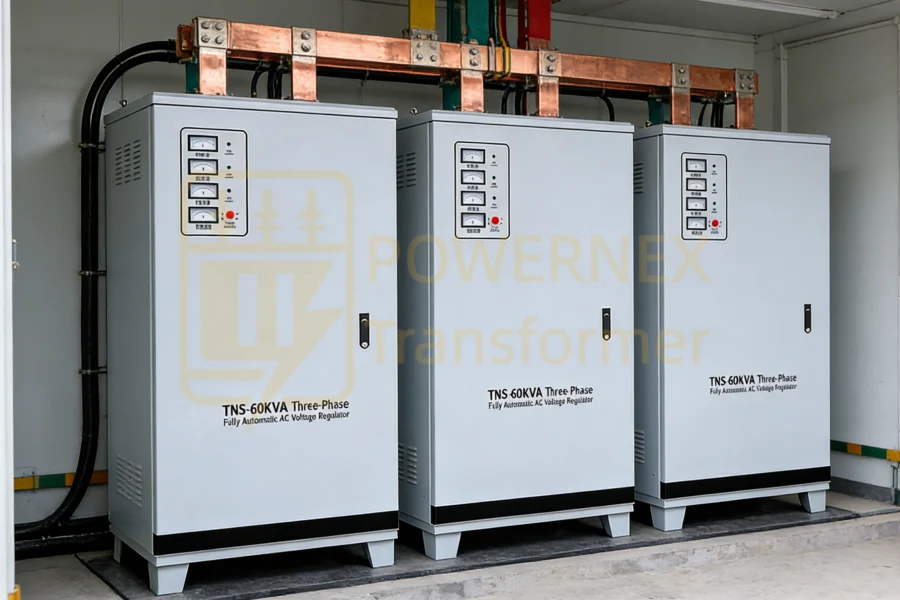 60 kVA three phase servo type automatic voltage regulator AVR for industrial and commercial power, high-precision voltage stabilizer manufactured by China leading factory supplier with global sales to USA, Canada, Brazil, Australia, Middle East and Europe – PowerNex