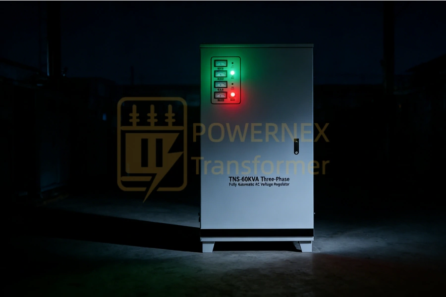60 kVA three phase voltage stabilizer with automatic voltage regulation AVR for industrial and commercial power, high precision voltage regulator manufactured by China leading factory supplier with global sales to USA, Canada, Brazil, Australia, Middle East and Europe – PowerNex