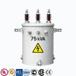 75 kVA single-phase telephone pole transformer with 13.8 kV primary and 120–240 V secondary, pole mounted overhead distribution transformer for utility power systems, PowerNex