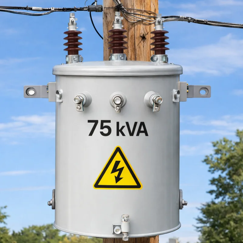 75 kVA single-phase telephone pole transformer, pole mounted overhead distribution transformer for North American utility power systems, custom branded, PowerNex