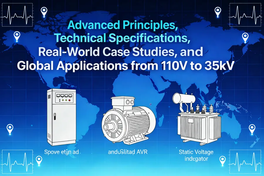 Automatic voltage regulators (AVR) and industrial voltage regulation systems for stable power control, supporting single-phase and three-phase applications from 110V to 35kV, 1 kVA to 5000 kVA, manufactured by a Chinese factory for global wholesale supply and industrial power quality management – PowerNex