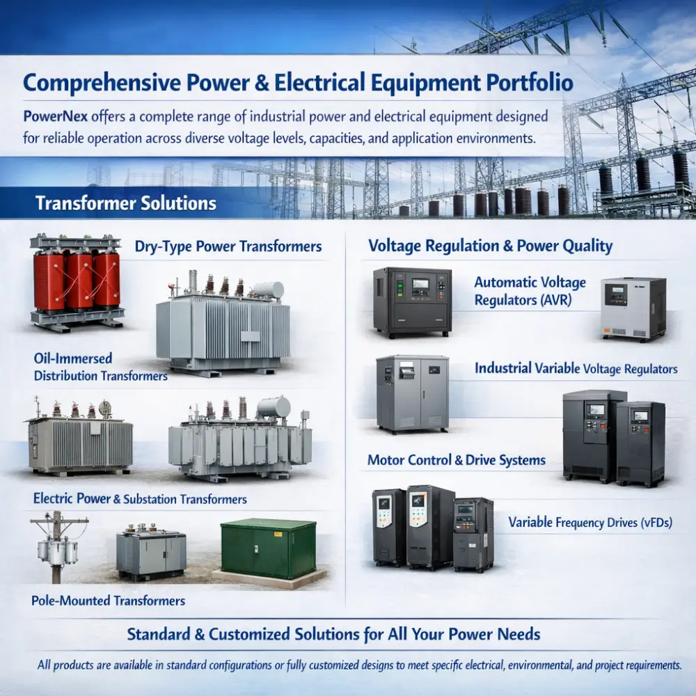PowerNex industrial and commercial power and electrical equipment portfolio, including transformers, voltage regulators, and motor control systems, for global applications in the USA, Canada, Australia, Germany, France, UK, Brazil, and Argentina.PowerNex industrial and commercial power and electrical equipment portfolio, including transformers, voltage regulators, and motor control systems, for global applications in the USA, Canada, Australia, Germany, France, UK, Brazil, and Argentina.