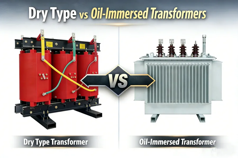 Dry type transformer and oil immersed transformer comparison illustrating capacity range from 15 kVA to 40,000 kVA, voltage ratings from 110 V to 35 kV, applications in industrial facilities, substations, data centers, renewable energy systems, manufactured by professional transformer manufacturer, factory, supplier and wholesaler PowerNex