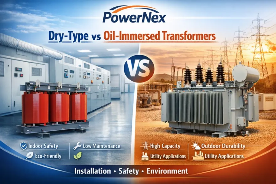 Dry-type vs oil-immersed transformers comparison showing indoor dry-type transformer and outdoor oil-filled power transformer, installation requirements, fire safety, environmental impact, capacity range 1kVA–40000kVA, voltage 110V–35kV, industrial and utility applications, manufacturer factory wholesale supplier, global power equipment solutions – PowerNex
