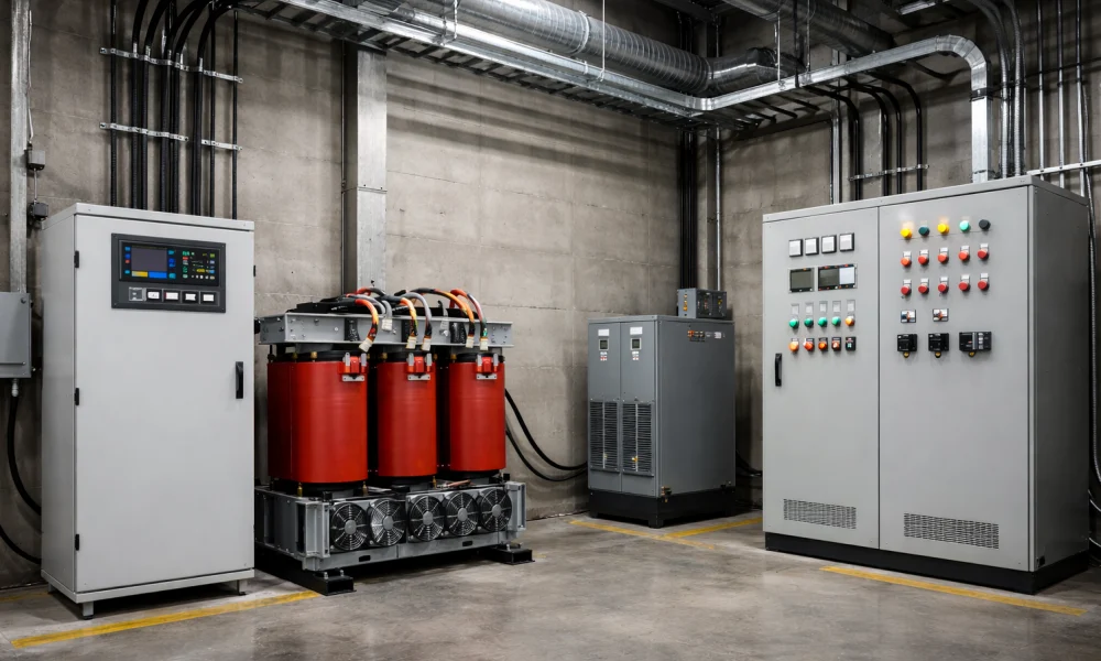 Industrial power distribution and voltage control system installed in a factory electrical room, featuring power transformers, voltage regulators, and control panels designed for stable voltage regulation, load balancing, and continuous manufacturing operations — PowerNex