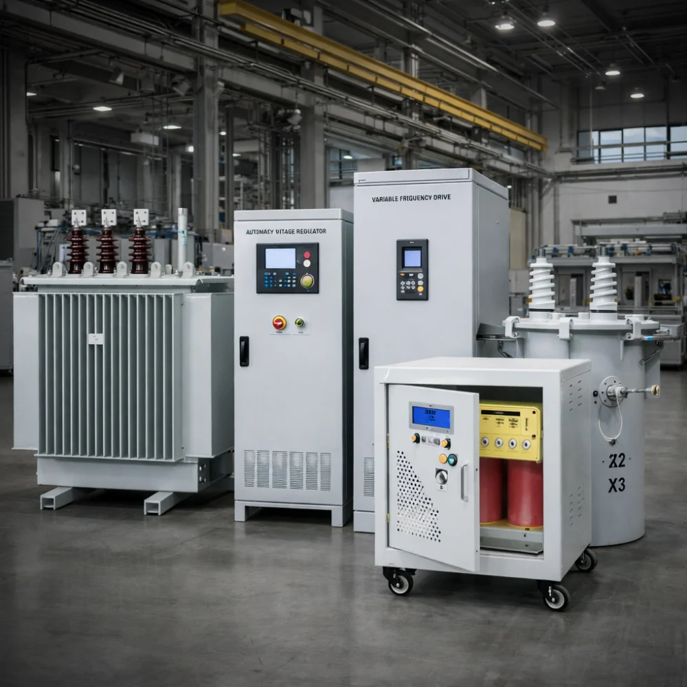 Industrial power equipment system with oil-immersed transformer, automatic voltage stabilizer (AVR), variable frequency drive (VFD) and isolation transformer by PowerNex, leading Chinese manufacturer for global markets