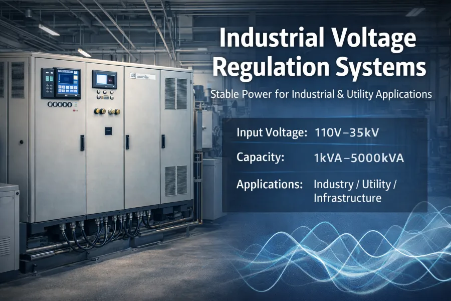 Industrial voltage regulation systems showing input 110V–35kV and output voltage control, capacity 1kVA–5000kVA, factory manufacturer PowerNex global supply