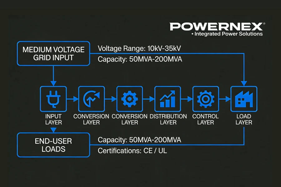 Integrated industrial power system solution featuring power transformers, voltage regulation equipment, motor control systems and VFD panels supporting 110V to 35kV voltage classes, 1 kVA to 5000 kVA capacity ranges, designed and manufactured by a China-based power equipment factory supplying wholesale and OEM solutions for industrial, utility and infrastructure projects across the USA, Canada, Brazil, Argentina, Mexico, South Africa, Indonesia and Malaysia – PowerNex