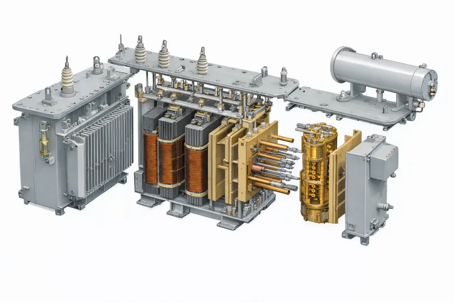 Exploded view of a power transformer structure showing magnetic core, high-voltage and low-voltage windings, transformer tank, insulation system, and key electrical components, manufactured in China with factory-direct wholesale supply for global power applications, PowerNex
