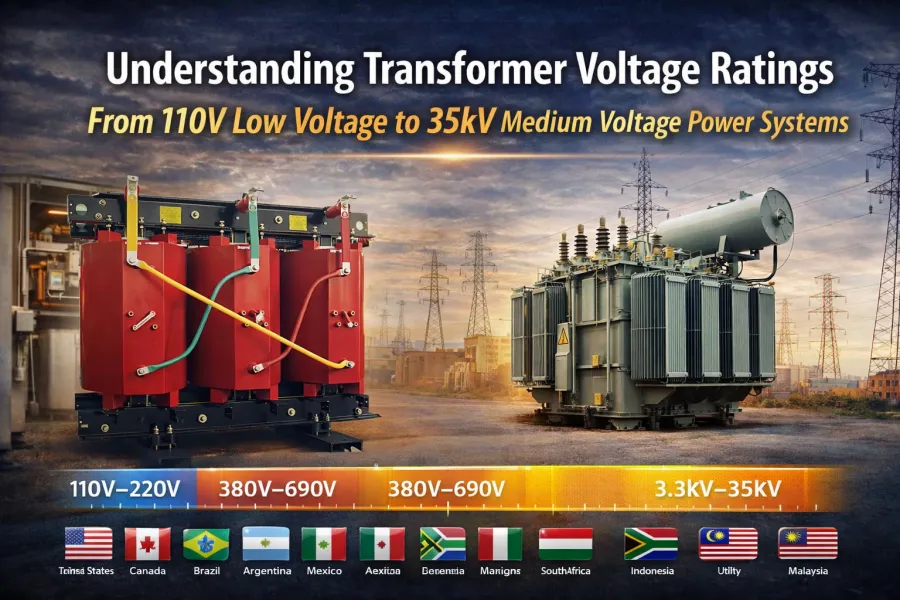Transformer voltage ratings from 110V low voltage to 35kV medium voltage power systems, dry-type and oil-immersed power transformers, capacity range 1kVA to 40000kVA, single-phase and three-phase, IEC ANSI IEEE compliant, manufactured by China transformer factory supplier for wholesale and global sales to USA, Canada, Brazil, Argentina, Mexico, South Africa, Indonesia, and Malaysia, PowerNex