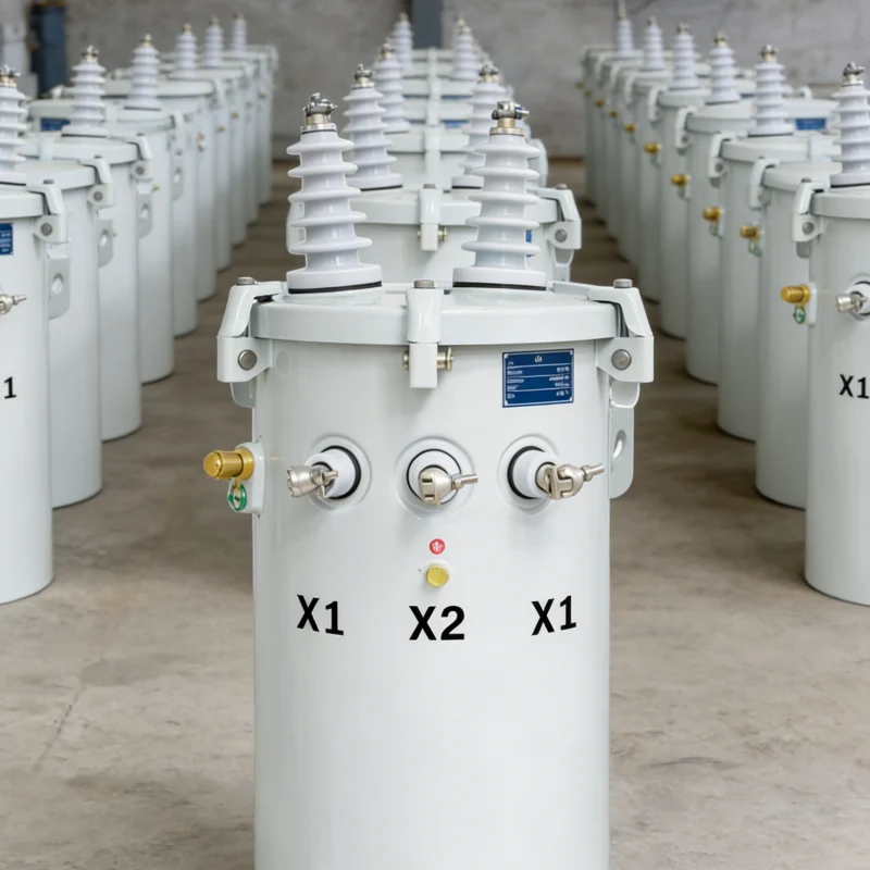 100kVA pole-mounted distribution transformer for global power distribution, supporting primary voltages 11kV, 13.8kV, 33kV and secondary voltages 380V, 400V, 415V, 480V, suitable for industrial, utility, and commercial applications, IEC/ANSI certified, outdoor-ready, available in capacities 5kVA to 500kVA, with customizable configurations PowerNex