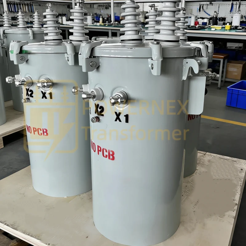 100kVA pole-mounted distribution transformer for worldwide utility and grid applications, supporting primary voltages 6kV–33kV and secondary voltages 380V–480V, single-phase or three-phase, outdoor-ready, IEC and ANSI certified, suitable for industrial plants, factories, commercial buildings, EPC projects, and utility grids, available in capacities from 5kVA to 500kVA with customizable voltage, wiring, and configuration options PowerNex