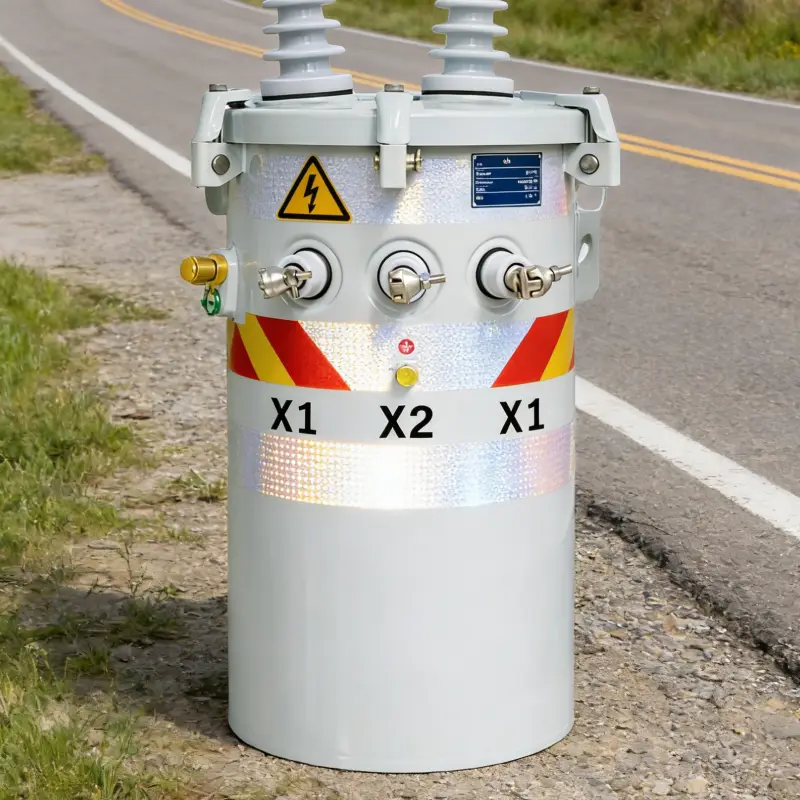 100kVA pole-mounted utility distribution transformer for international power grids, supporting primary voltages from 6kV to 33kV and secondary voltages from 380V to 480V, suitable for industrial plants, factories, commercial buildings, and utility networks, IEC and ANSI certified, outdoor-ready, available in single-phase or three-phase, with capacities from 5kVA to 500kVA and customizable voltage, wiring, and configuration options PowerNex
