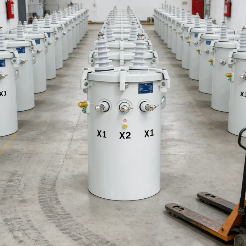 100kVA pole-mounted utility distribution transformer for worldwide grid systems, supporting primary voltages from 6kV to 33kV and secondary voltages from 380V to 480V, suitable for industrial plants, commercial buildings, utility networks, and EPC projects, IEC and ANSI certified, outdoor-ready, single-phase or three-phase, available in capacities from 5kVA to 500kVA with customizable voltage, wiring, and configuration options PowerNex