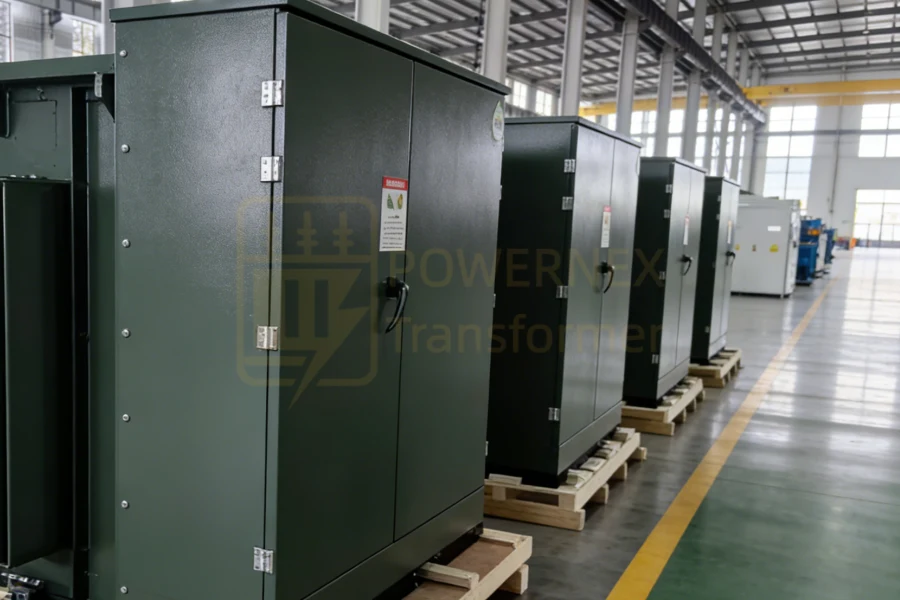1500 kVA ANSI three phase pad mounted distribution transformer with 13.8kV 24.9kV 34.5kV primary and 480Y277V secondary for utility power systems, factory manufactured in China for global utility and EPC projects PowerNex