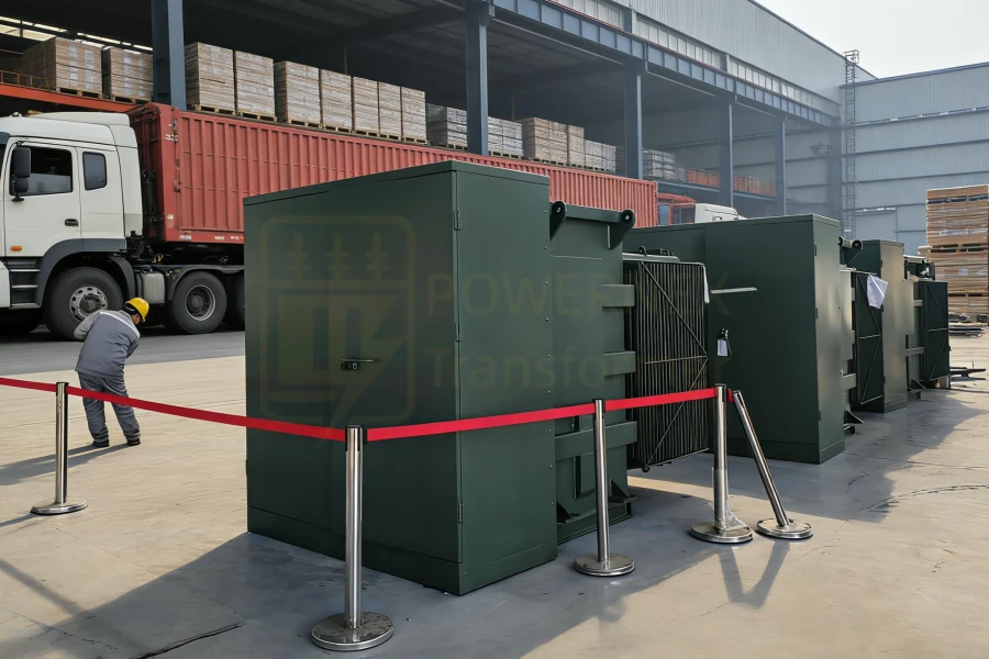 1500 kVA ANSI three phase pad mounted utility transformer with 13.8kV 24.9kV 34.5kV primary and 480Y277V secondary for North and South American utility distribution, factory manufactured in China for global power projects PowerNex