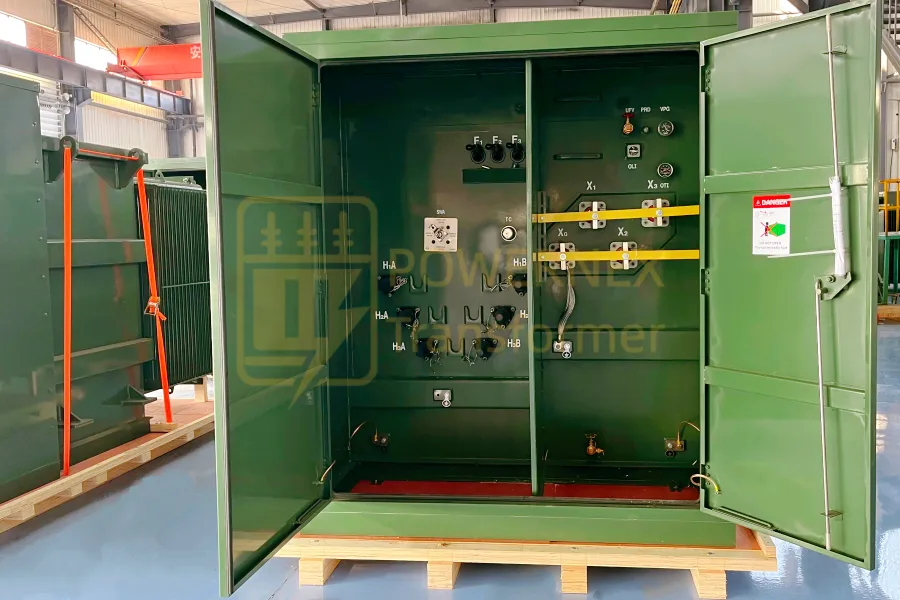 2000 kVA three-phase pad mounted power transformer for utility distribution projects, primary voltage 13.2kV 13.8kV 24.9kV 34.5kV to 480Y/277V secondary, outdoor pad-mounted transformer for North America, South America, Europe, Middle East, Asia and Africa, factory manufactured in China PowerNex