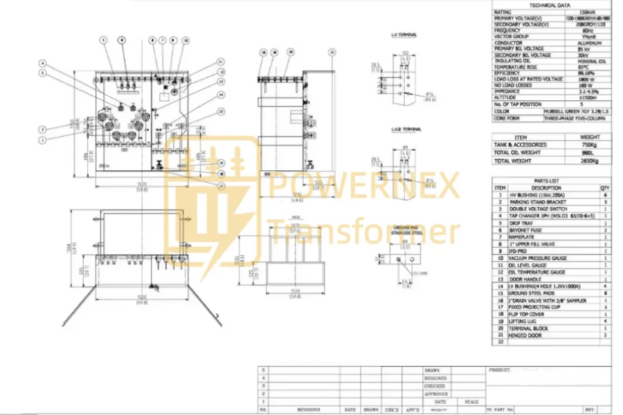 2000 kVA pad mounted transformer with layout drawing for three-phase utility distribution, primary voltage 13.2kV 13.8kV 24.9kV 34.5kV to 480Y/277V secondary, outdoor pad-mounted power transformer for North America, South America, Europe, Middle East, Asia and Africa, factory manufactured in China PowerNex