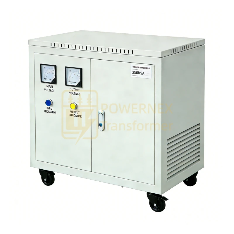 PowerNex 250 kVA three-phase isolation transformer for industrial power systems, supporting 380V, 400V, and 415V voltage standards with certified dry-type design and global factory-direct supply.