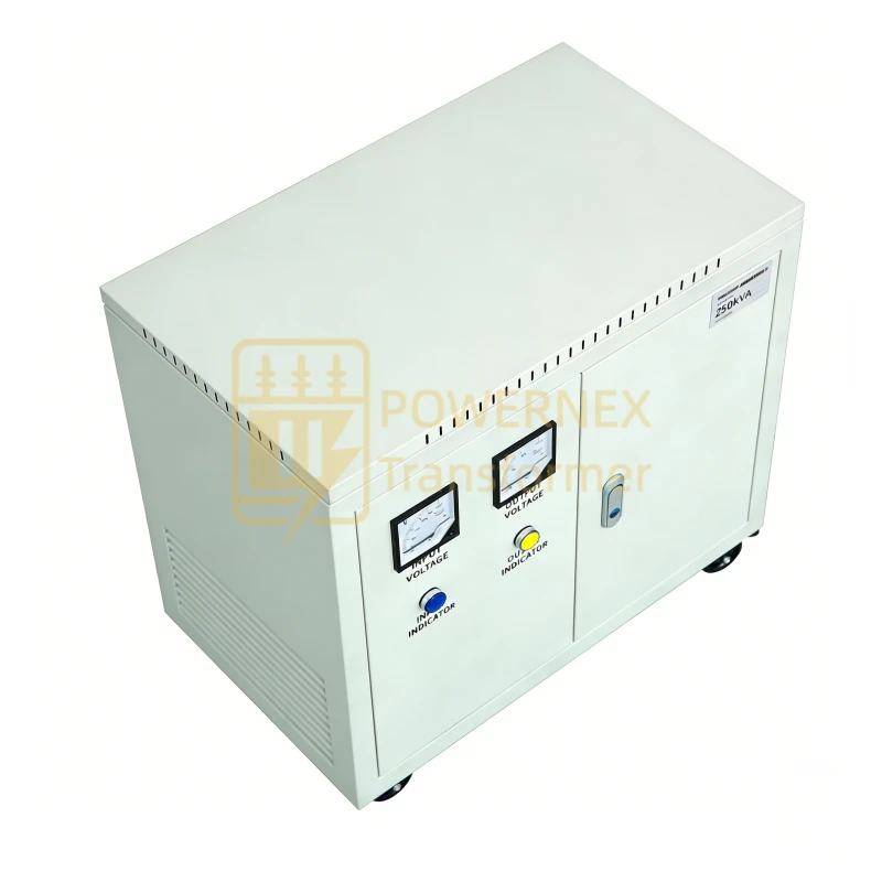 PowerNex 250 kVA three-phase isolation transformer for industrial control panels and power distribution systems, designed for factory automation and global electrical installations with certified dry-type construction.