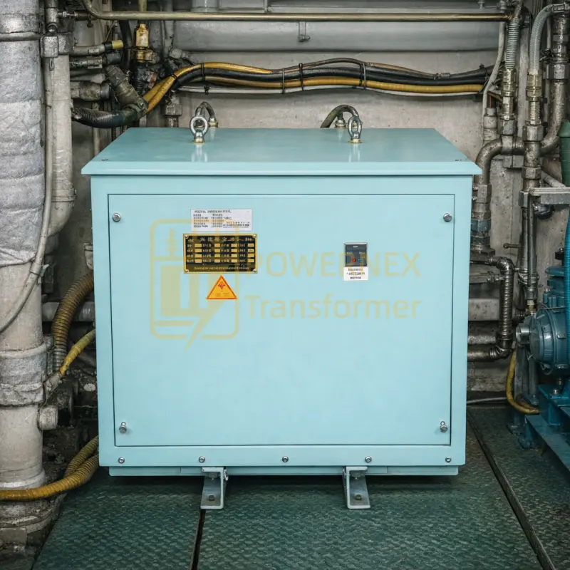 50 kVA three-phase three-winding dry-type marine isolation transformer for shipboard power systems, PowerNex brand, supporting custom capacities from 10 kVA to 500 kVA, ideal for commercial vessels, naval ships, offshore platforms, global delivery to USA, Canada, Brazil, Argentina, Australia, Indonesia, Malaysia, Philippines, UAE, Saudi Arabia, Russia, Germany, France, South Africa, Mexico, New Zealand, and more.