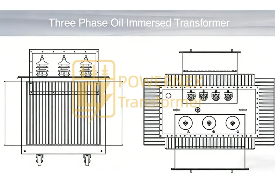 500 kVA three phase oil immersed transformer manufacturer with technical drawings for electrical substation applications, medium voltage oil filled transformer supporting 11kV to 35kV systems, engineering-ready design for utility and industrial projects across North America, Europe, Middle East, South America, Africa and Asia, globally certified transformer solution – PowerNex