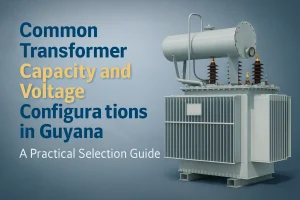 Common transformer capacity and voltage configurations used in Guyana power distribution systems, showing pole mounted transformers, pad mounted transformers, and oil filled distribution transformers with typical kVA ratings and medium voltage levels