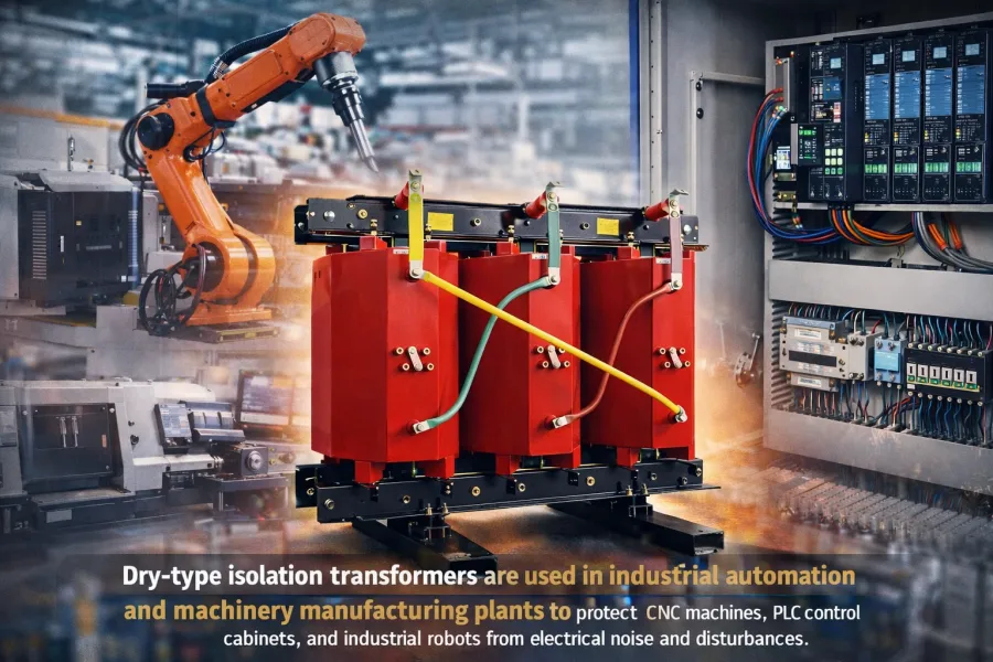 Dry type isolation transformer for industrial automation and PLC control systems, designed to improve electrical safety, reduce noise, and support customized voltage and kVA requirements in global factory environments