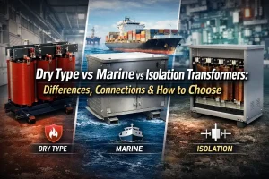 Dry type transformer vs marine transformer vs isolation transformer comparison showing applications, structures, and selection guide for industrial and marine power systems