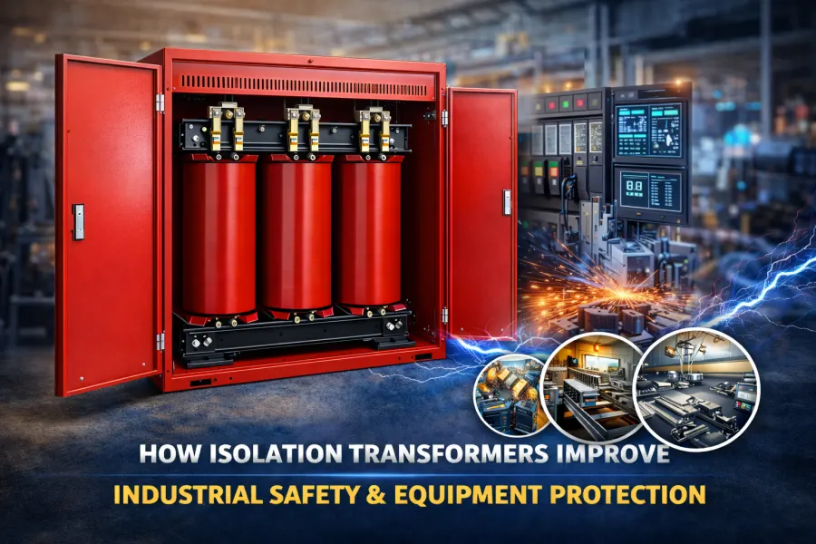 Red dry-type isolation transformer with protective enclosure for industrial safety and equipment protection, manufactured by leading Chinese manufacturer, supplier, wholesaler, and factory PowerNex. Globally supplied to USA, Canada, Brazil, Argentina, Australia, Indonesia, Malaysia, Philippines, UAE, Saudi Arabia, Russia, Germany, France, South Africa, Venezuela, Mexico, New Zealand, and other international markets.
