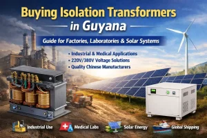 Banner image showing industrial and medical isolation transformers, solar PV panels, and a subtle map of Guyana, highlighting safe and reliable dry-type transformers from 5 kVA to 5000 kVA for hospitals, laboratories, industrial facilities, and PV energy storage systems.