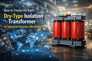 Industrial dry-type isolation transformer in a factory setting, showing heavy machinery, step-up voltage equipment, and global industrial applications for 5kVA–500kVA transformers PowerNex
