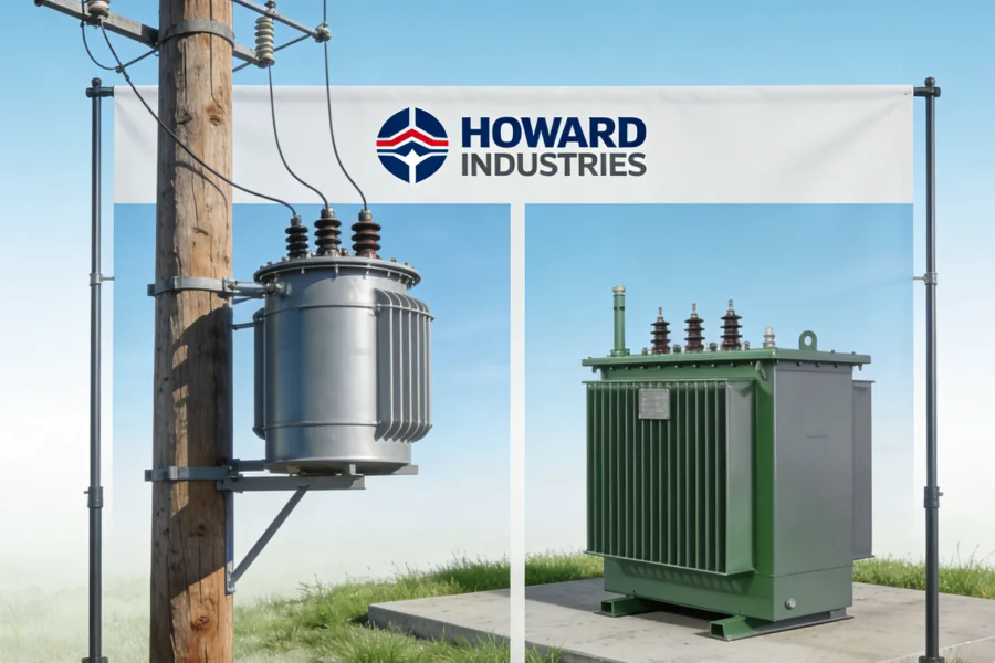 Howard Industries power transformers for utility distribution networks, featuring pole-mounted, pad-mounted, and substation transformers designed for durable outdoor operation and long-term field performance