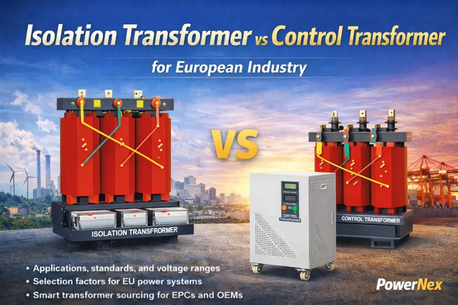 Isolation transformer vs control transformer comparison for European industrial applications, showing dry type isolation transformer and control transformer used in factory automation, machine tools, control panels, and IEC-compliant industrial power systems supplied by PowerNex