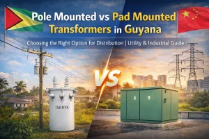 Pole mounted vs pad mounted transformers used in Guyana power distribution projects, showing utility pole mounted transformer and pad mounted transformer for medium voltage distribution, industrial facilities, and utility networks